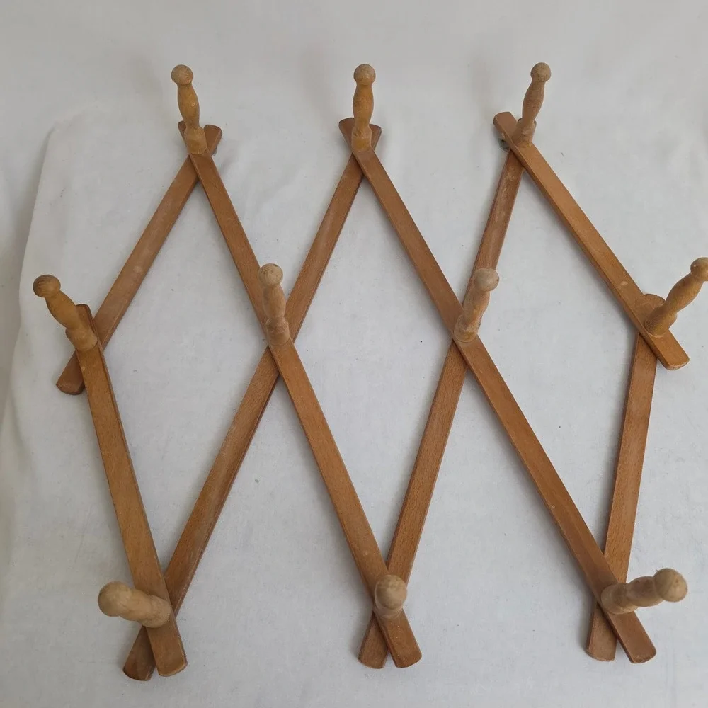 VTG Japan Wood Accordion Expandable Wall Rack 10 Peg Hat Mug Hanger Boho Cottage